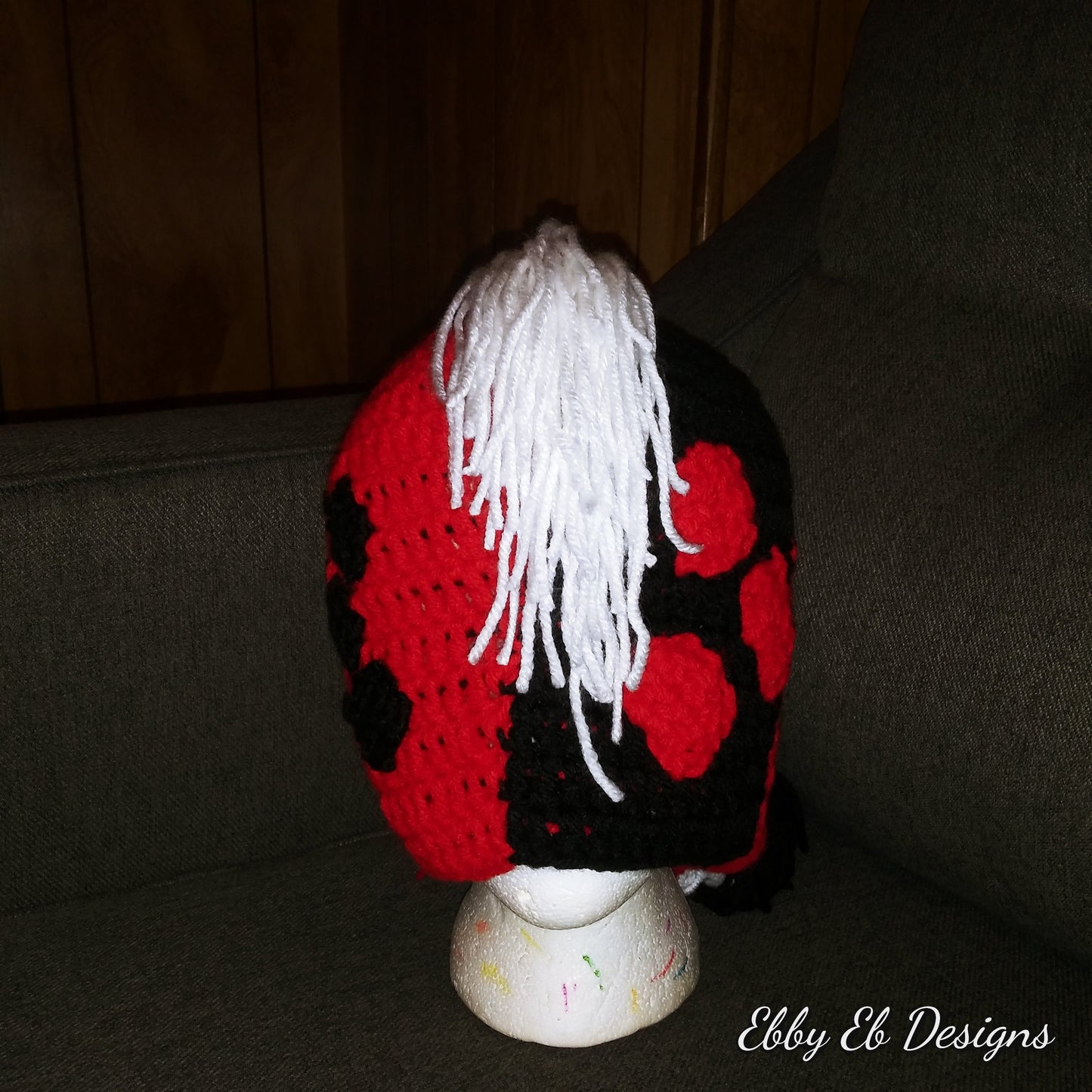 Harley Quinn Crochet Mohawk Beanie Cosplay headwear Red & Black Crochet Headpiece Front view different lighting