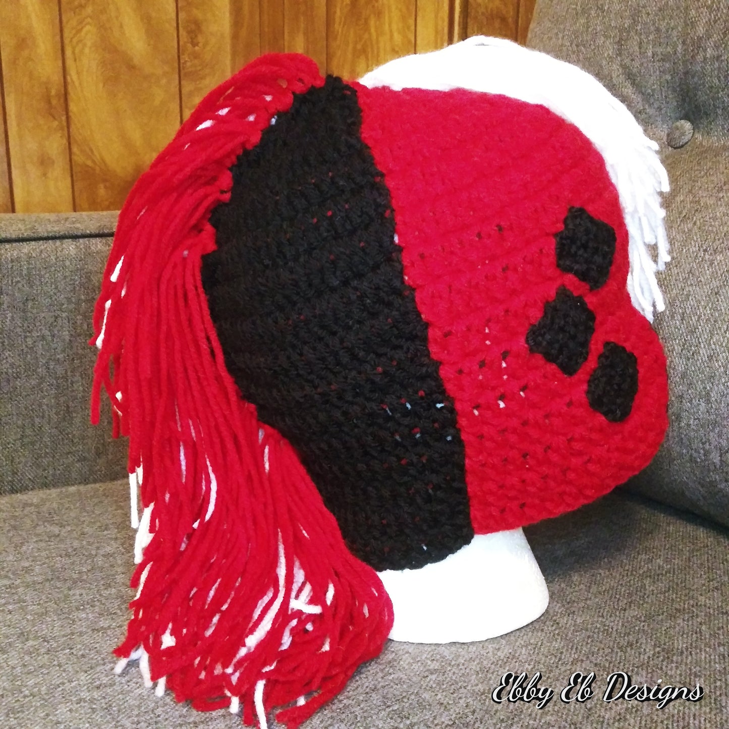 Harley Quinn Crochet Mohawk Beanie Cosplay headwear Red & Black Crochet Headpiece Right sideview diffent lighting