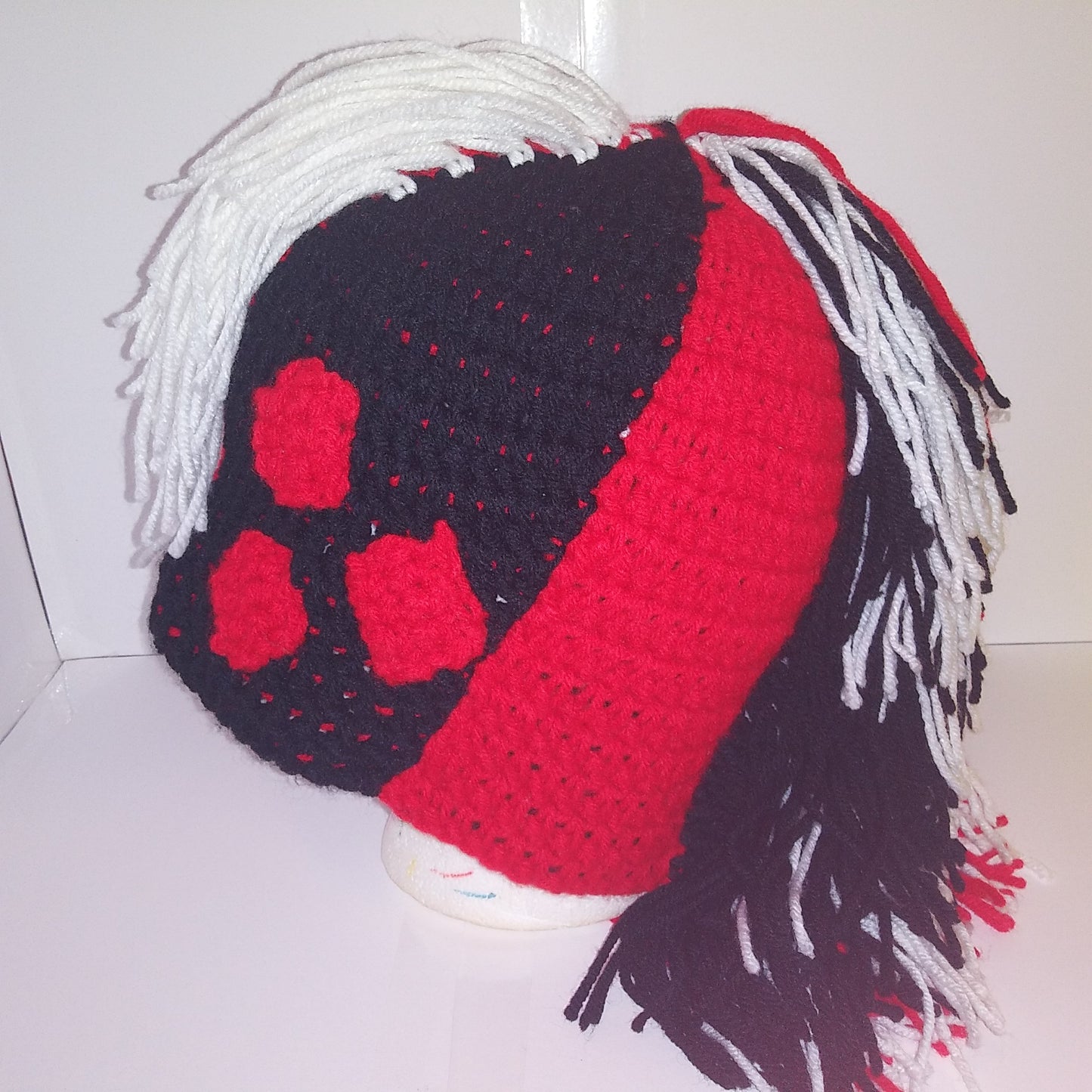 Harley Quinn Crochet Mohawk Beanie Cosplay headwear Red & Black Crochet Headpiece left sideview