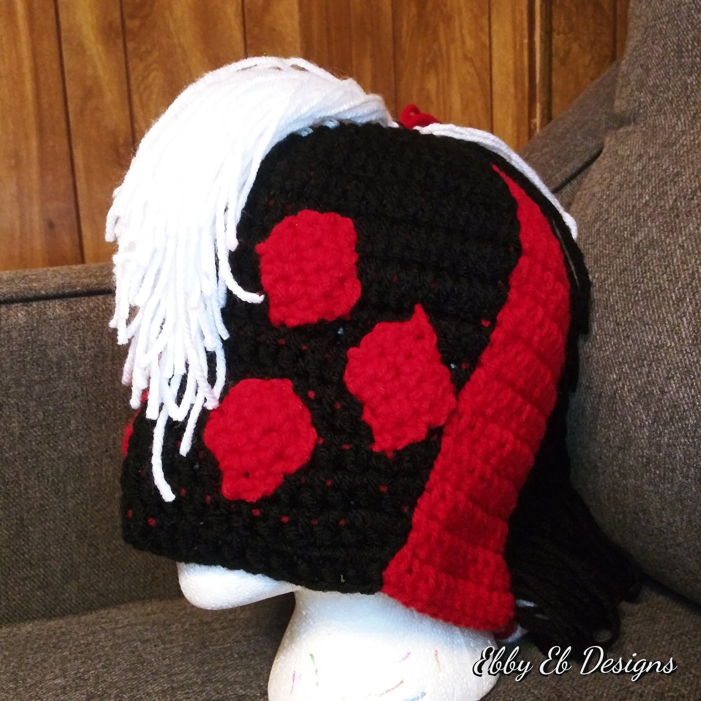 Harley Quinn Crochet Mohawk Beanie Cosplay headwear Red & Black Crochet Headpiece 3/4th left front view