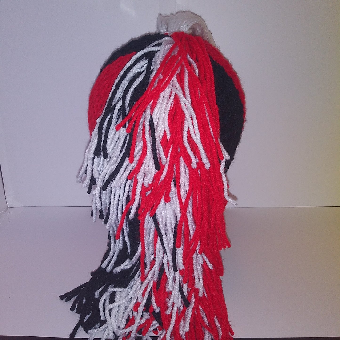 Harley Quinn Crochet Mohawk Beanie Cosplay headwear Red & Black Crochet Headpiece Back view